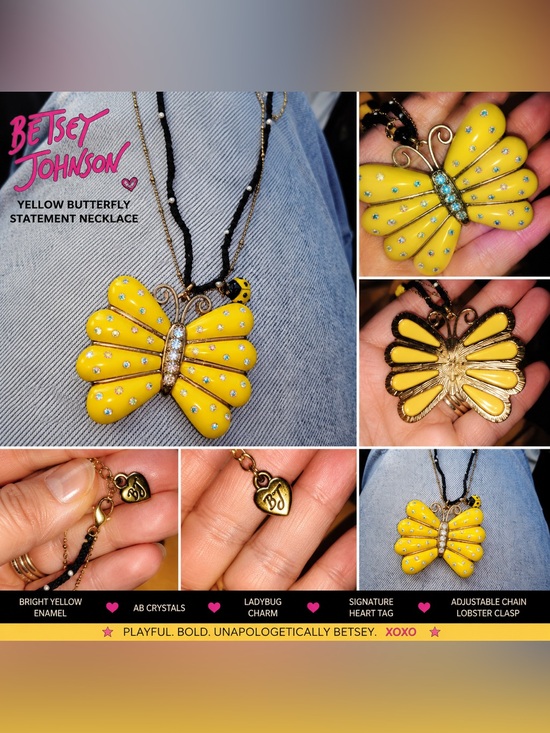 Betsey Johnson Jewelry - Betsy Johnson Yellow Enamel Butterfly Statement Necklace w/ Crystals & Lady Bug